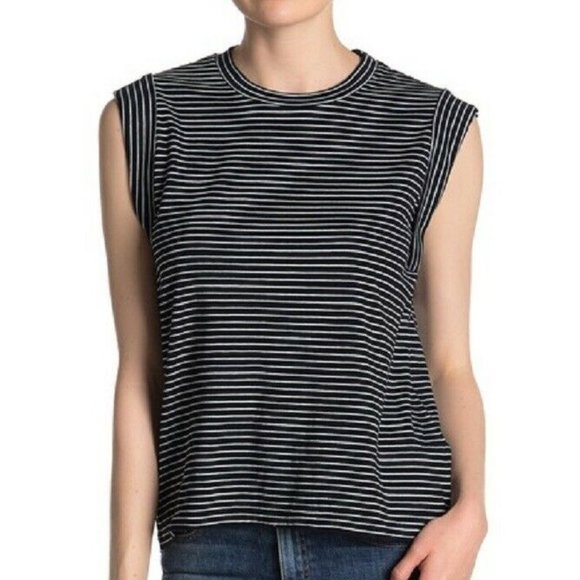 Vince. Classic Stripe Rolled Sleeve Top  Coastal - Picture 1 of 2